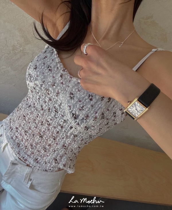 細肩桃心領碎花蕾絲背心